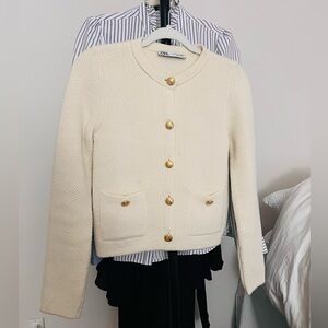 Zara Cream Textured Knit Cardigan with Gold Buttons